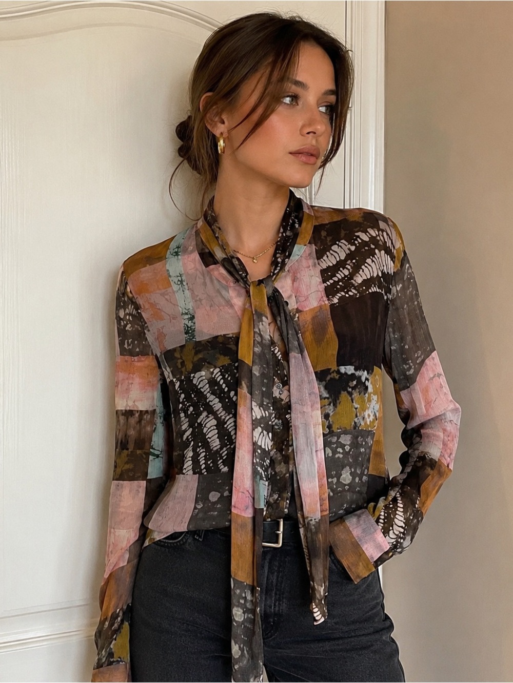 Raquel Allegra 100% Silk Patchwork Tie Dye Scarf Neck Blouse Size 2 M Hand Made